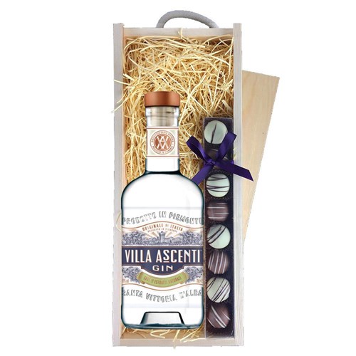 Villa Ascenti Gin 70cl & Heart Truffles, Wooden Box
